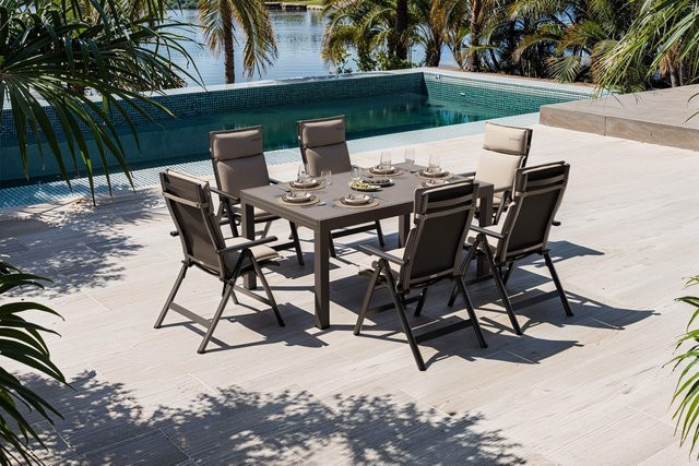 OUTFLEXX Premium Garten-Essgruppe aus Aluminium, Spraystone und Textilene in Anthrazit Matt und Schwarz mit 6 Klappstühlen und Auflagen, Tisch erweiterbar, B/T/H: 160 x 100 x 75 cm bis 260 x 100 x 75 cm - Bild 1
