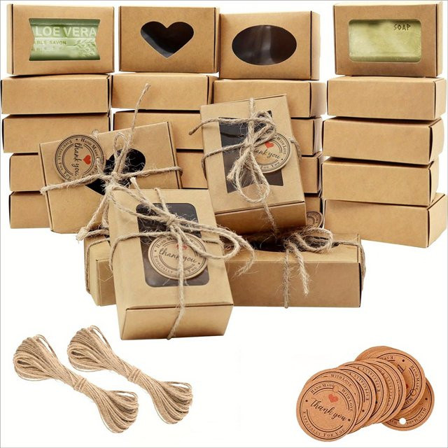 20er-Set Kraft-Seifenkisten aus Papier mit Dankeschön-Geschenkanhängern und Juteseil in Braun und Beige - Bild 1