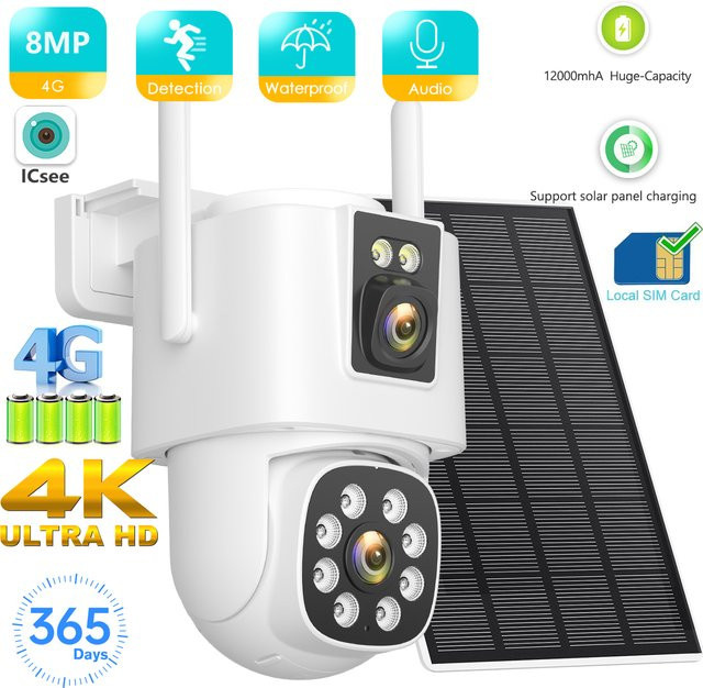 BESDER 4G SIM Solarkamera mit 8MP 4K Auflösung, PZT Outdoor IP Kamera, 12000mAh Akku, AI Auto Detect Tracking und ICSEE App, Weiß - Bild 1