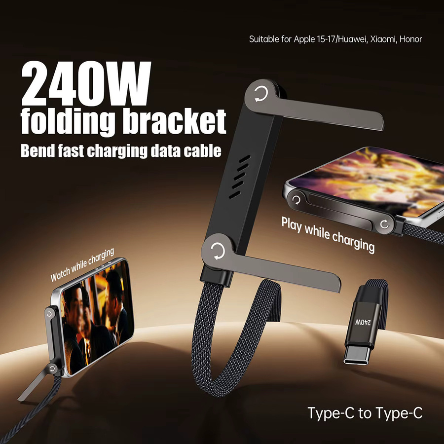 OIITH Typ-C zu Typ-C Kabel mit faltbarem Handyhalter und Winkel-Design, 240W, Schwarz - Bild 3
