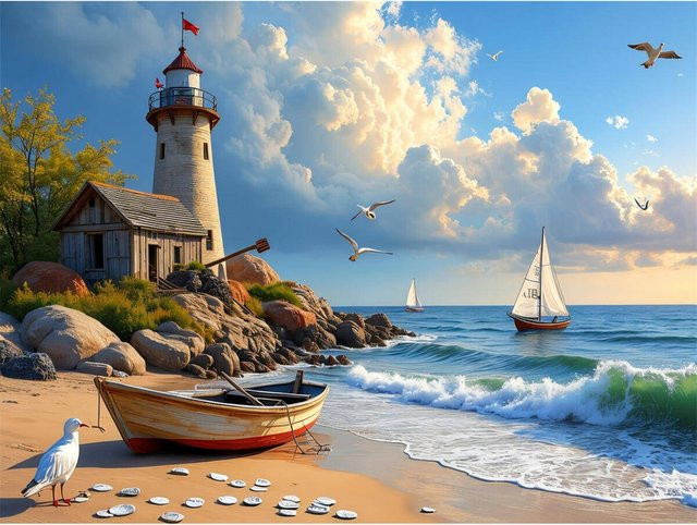 YUTTEE DIY Diamant Malerei Set Maritime Landschaft mit Schiff und Leuchtturm, Mosaik Handwerk Kit für Erwachsene, Mehrfarbig - Bild 1