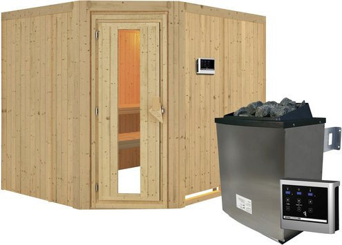 Karibu Sauna Haaspsalu aus Fichtenholz mit 9 kW Saunaofen und externer Steuerung für 4 Personen, Farbe: beige/braun, B/T/H: 231 x 198 x 196 cm - Bild 1
