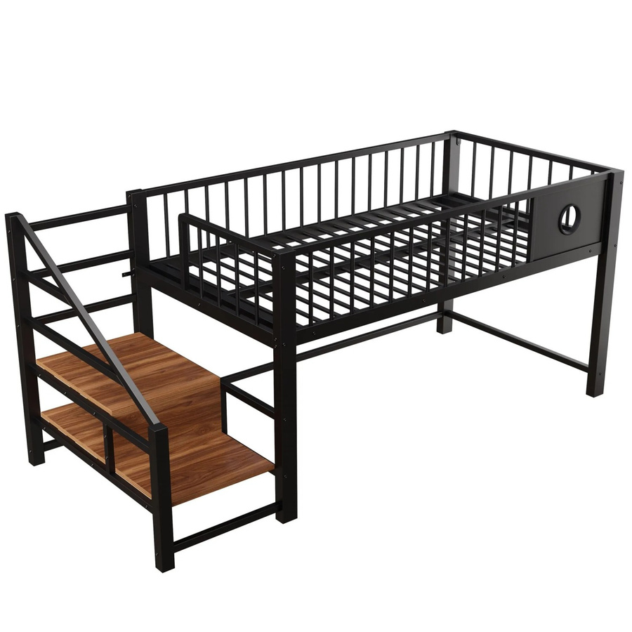 Merax Hochbett für Kinder mit Stauraumleiter und Seitenfächern aus Metall und MDF, Schwarz, B/T/H: 200 x 90 x 155 cm - Bild 2