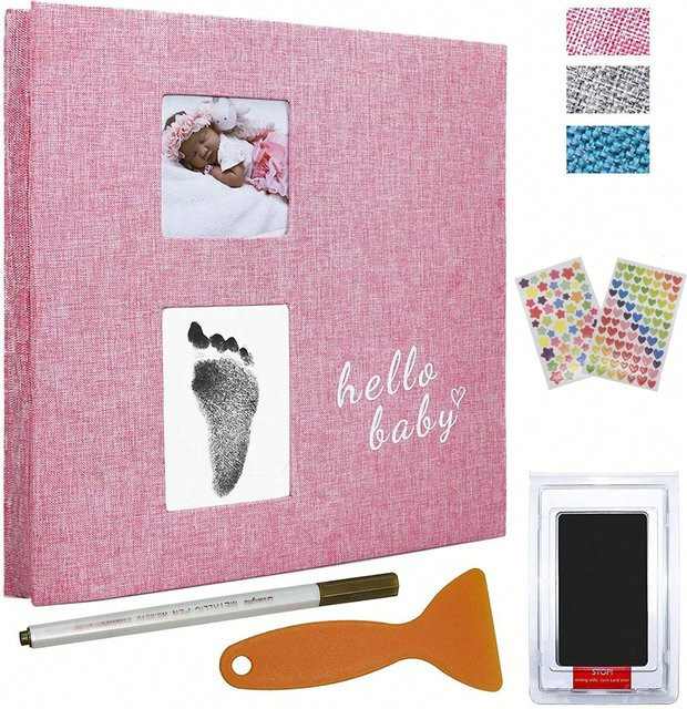 Baby-Fotoalbum Selbstklebendes Erinnerungsbuch Set mit Handabdruck-Set und Metallstift in Grau oder Pink für Jungen und Mädchen - Bild 1