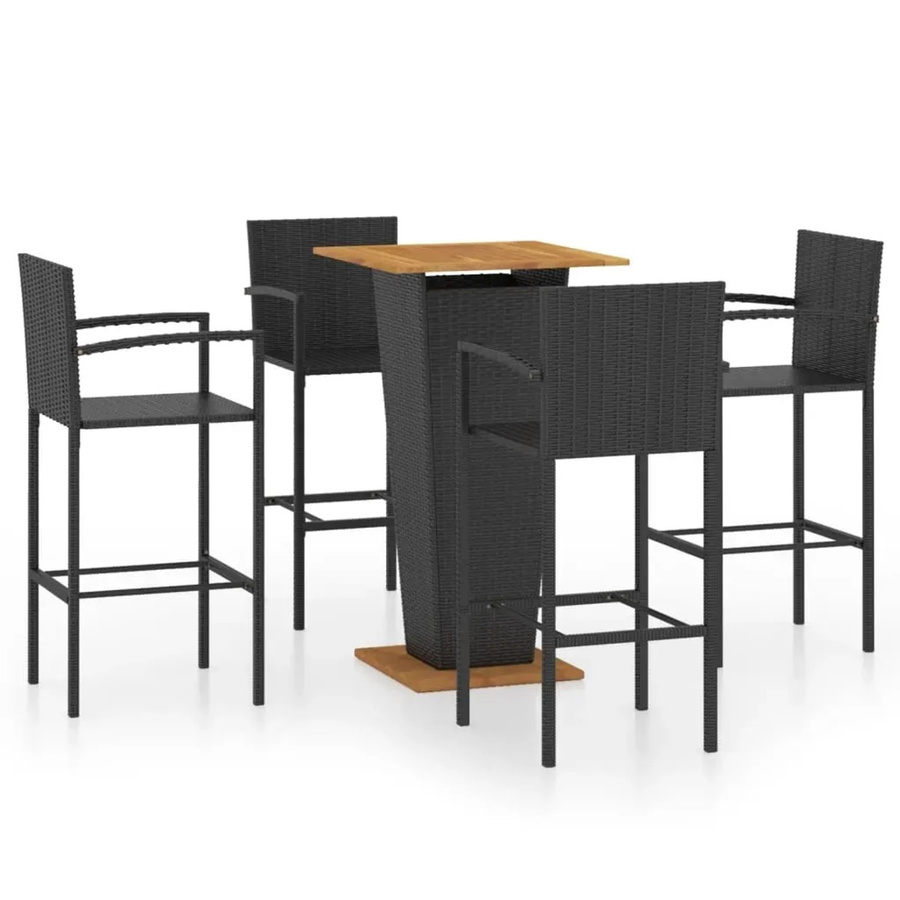 vidaXL 5-tlg Gartenbar-Set Schwarz aus PE-Rattan, pulverbeschichtetem Stahl und massivem Akazienholz - Bild 2