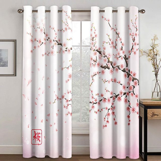 2er-Set Vorhang mit Katzen- und Blumenmuster sowie fliegendem Kranich, halbtransparent, Mehrfarbig, Breite: 50 cm, Höhe: 130 cm - Bild 1