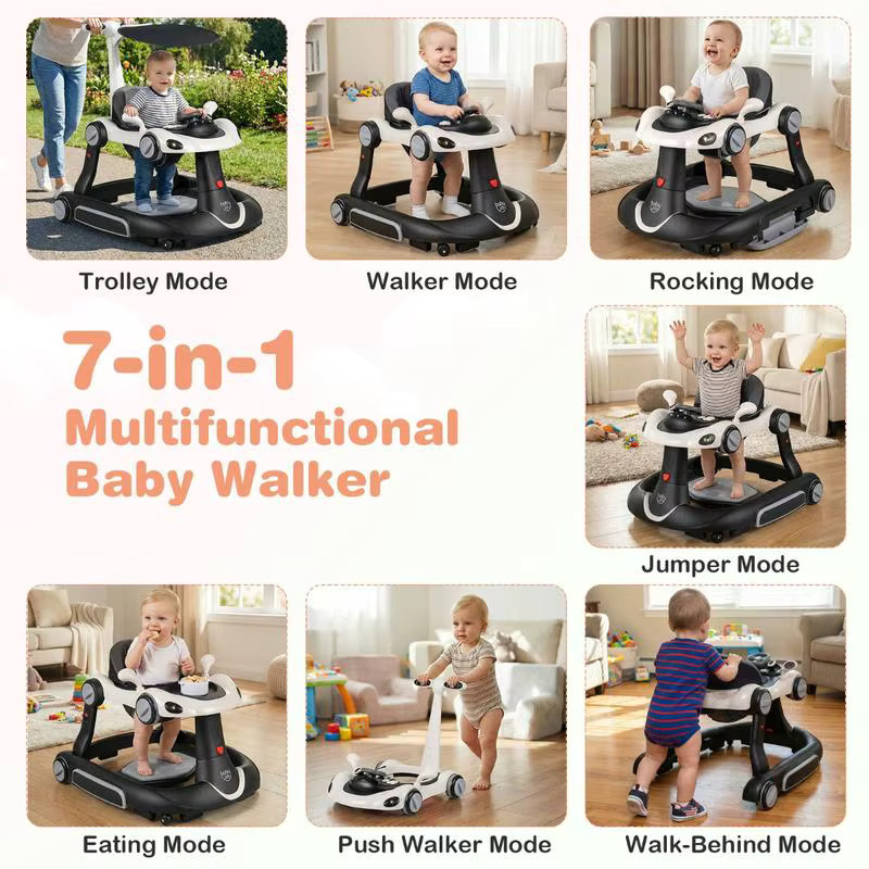 6-in-1 Babywalker Aktivitätscenter mit Verdeck und Musik, tragbare Hüpf- und Schaukelkombination für Kleinkinder, weiß - Bild 5