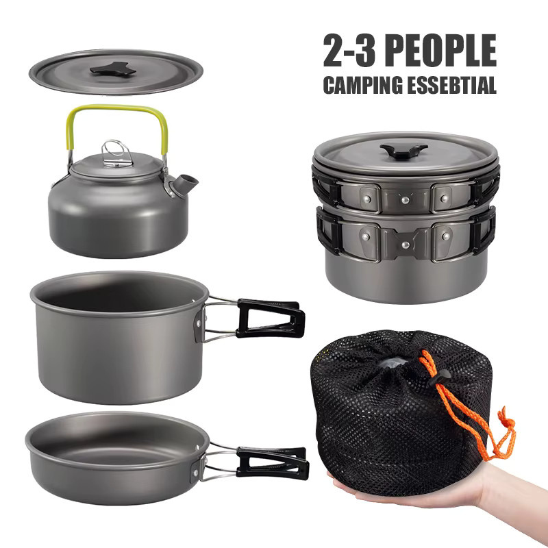 WESTTUNE Camping-Kochgeschirr-Set aus Aluminium, 3-teilig in Schwarz und Grau, bestehend aus Topf, Pfanne und Stielkasserolle für Outdoor, Wandern und Picknick - Bild 2