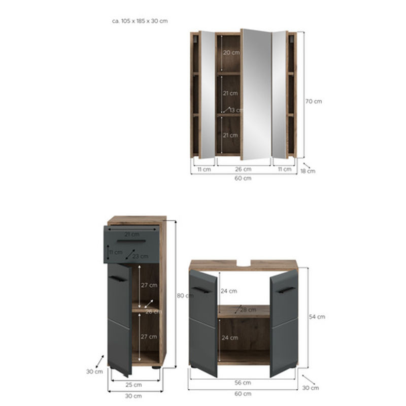 3-teiliges Badezimmer-Set xonox.home Ice Nox Oak in Schwarz Matt mit LED-Beleuchtung, Breite: 105 cm, Höhe: 185 cm, Tiefe: 30 cm - Bild 2
