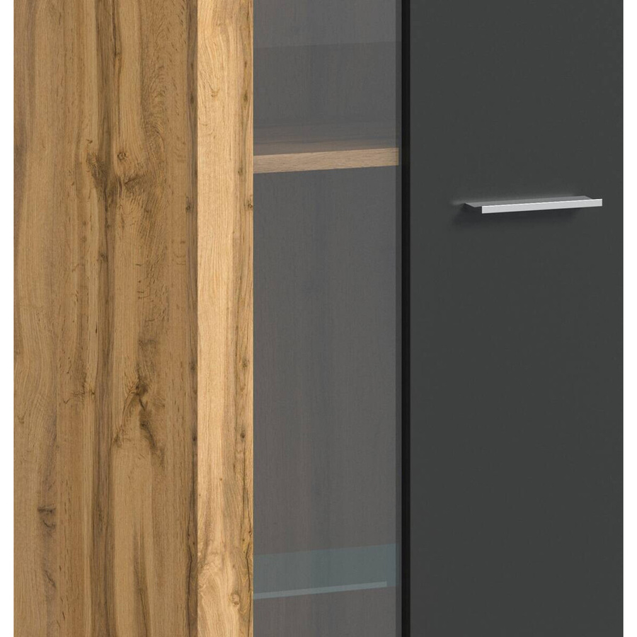 Wohnwand Jam von xonox.home in Eiche Wotan Nachbildung, grau, mit Vitrine und Lowboard, B/H/T: 330 x 159 x 35 cm - Bild 1