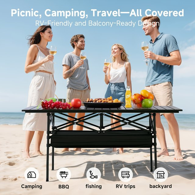 LIUSHADUOLA Klappbarer Outdoor-Tisch in Schwarz, Höhenverstellbarer Campingtisch mit Netztasche und Metallgestell - Bild 1