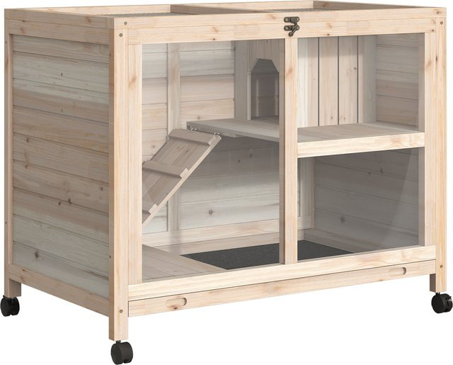 PawHut Kleintierkäfig aus Tannenholz mit Rädern für Meerschweinchen und Kleintiere, braun, B/T/H: 91,5 x 53,3 x 73 cm, Aosom - Bild 1
