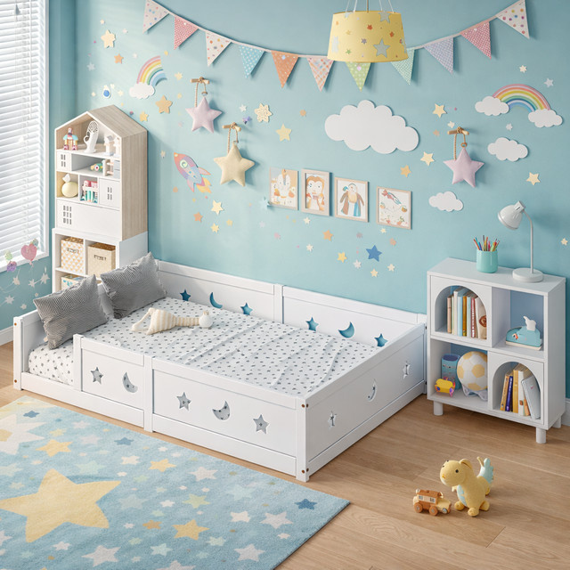 MEXUS Montessori Baby-Bodenbett aus Massivholz mit Sicherheitsbarriere und Lattenrost, Farbe: Weiß, B/T: 140 x 200 cm - Bild 1