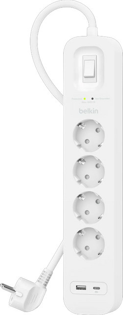 Belkin Überspannungsschutz Steckdosenleiste mit 4 Steckplätzen und USB-A sowie USB-C Anschlüssen in Weiß, 2 Meter Kabel - Bild 1