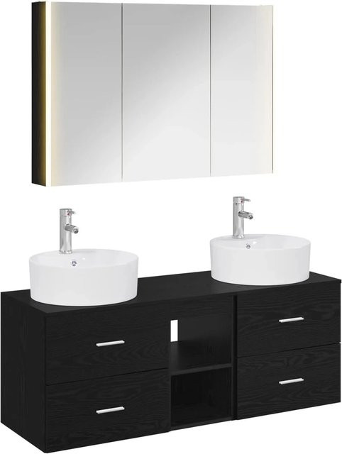 vidaXL Badezimmermöbel-Set 4-teilig in Schwarz Eiche Matt mit Spiegelschrank, Waschtischunterschrank und Wandschrank aus Holz und Glas - Bild 1