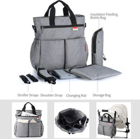 Multifunktionale Baby Windeltasche in Grau, wasserdichte Wickeltasche für Kinderwagen