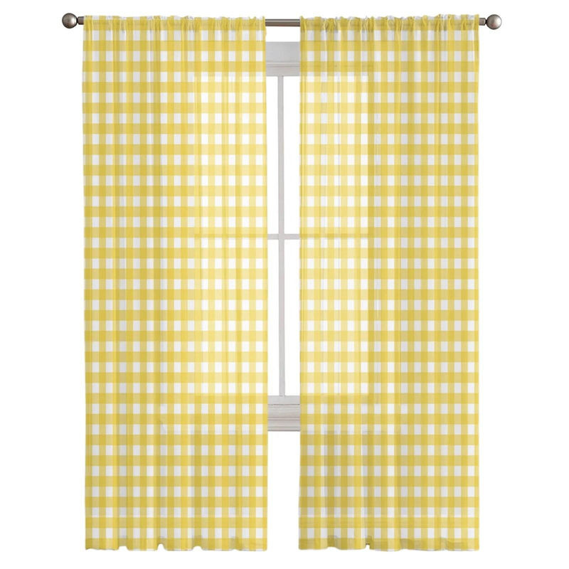 A Family Of Home Textiles Transparente Voile-Fenstervorhänge in Gelb mit Karomuster, Breite: 135 cm, Höhe: 244 cm - Bild 2
