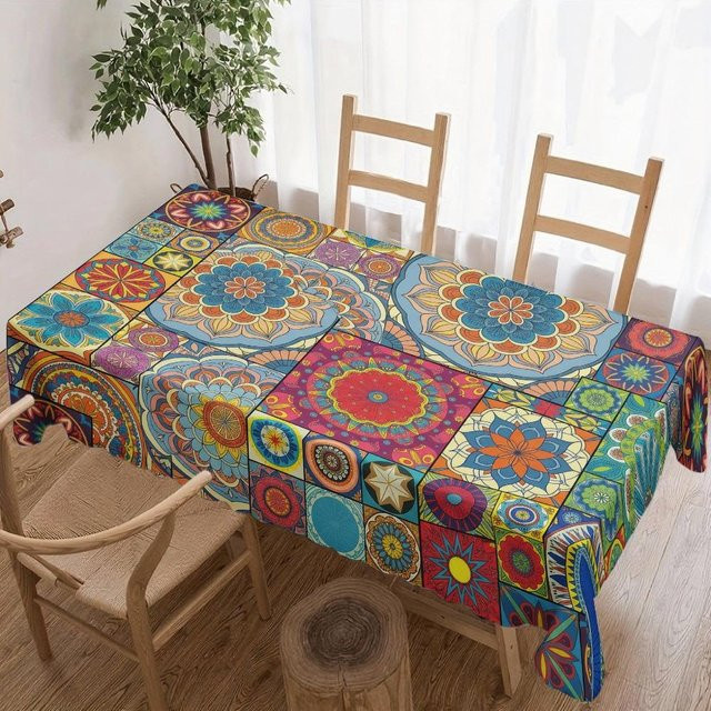 JINGYUE Pet Boho Tischdecke mit floralem Mandala-Muster, rechteckig, wasserabweisend und waschbar, Mehrfarbig, B/T: 140 x 140 cm - Bild 1