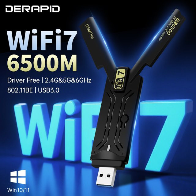 DERAPID WiFi 7 USB-Adapter BE6500 Tri-Band Drahtlose Netzwerkkarte mit USB 3.0 und 6500 Mbit/s in Schwarz für Windows 10/11 PC - Bild 1