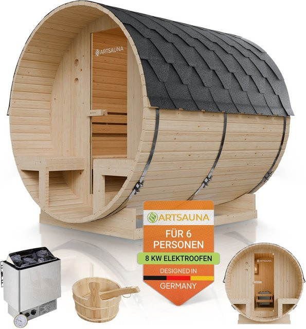 Artsauna Fasssauna Spitzbergen 220 aus Fichtenholz für 6 Personen inklusive 8 kW Ofen und Zubehör - Bild 1