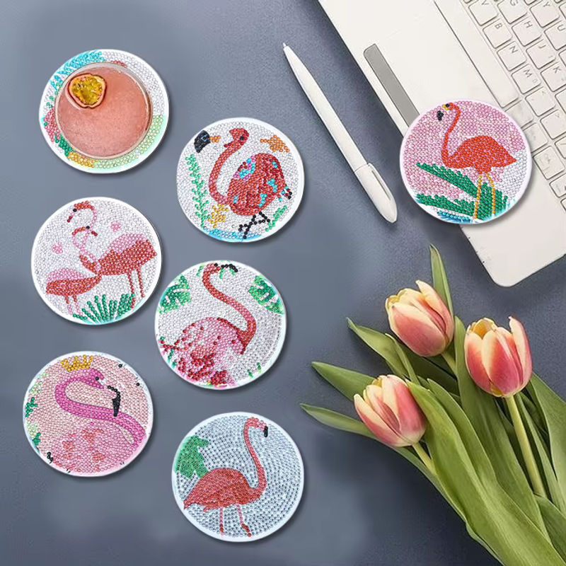 8-teiliges DIY-Diamant-Malerei-Kunstset mit Flamingo-Muster für Untersetzer aus Kristall-Mosaik-Steinen - Bild 4