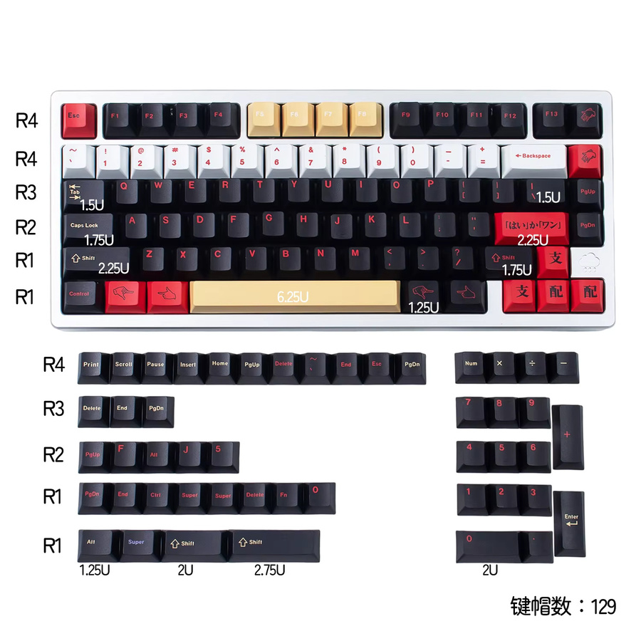 Venit Keys PBT-Tastenkappen-Set mit Kirschprofil und Farbsublimation für mechanische MX-Tastaturen, 129 Tasten, Schwarz-Rot - Bild 5