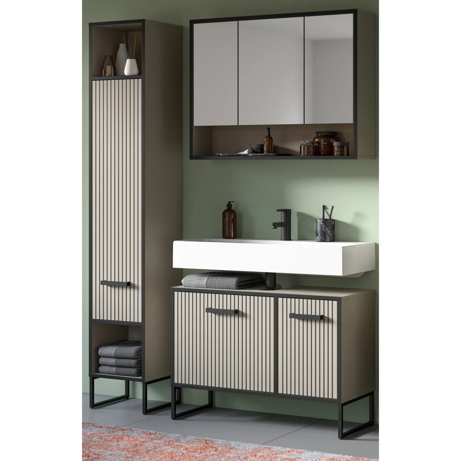 Inn.Furn Badmöbel Set Scana 3-teilig in Sand mit Hochschrank, Spiegelschrank und Waschbeckenunterschrank, B/H: 125 x 192 cm - Bild 2