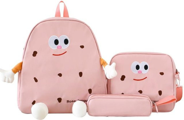 Fancy Style Studio Kinder Schulrucksack Set mit Brotdose und Stifteetui im Cartoon-Keks-Design, beige - Bild 1