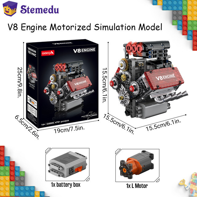 Stemedu MOC V8 Motorisiertes Simulations-Modell mit elektrischem Antrieb, Technisches Baustein-Set für Jungen und Erwachsene, Mehrfarbig - Bild 1