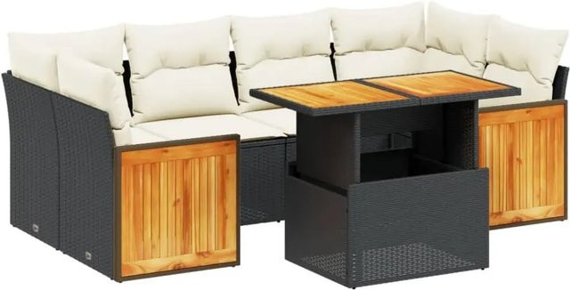 vidaXL 7-teilige Garten-Sofagarnitur aus Poly-Rattan und Akazienholz in Schwarz mit Kissen - Bild 1