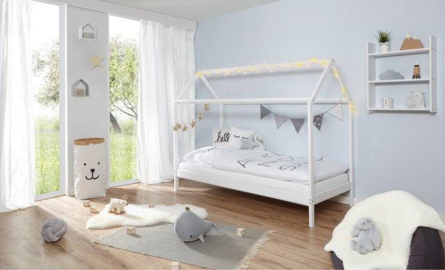 TiCAA Kinderbett Hausbett Lina aus Kiefer in Weiß, B/T/H: 90 x 200 cm - Bild 1