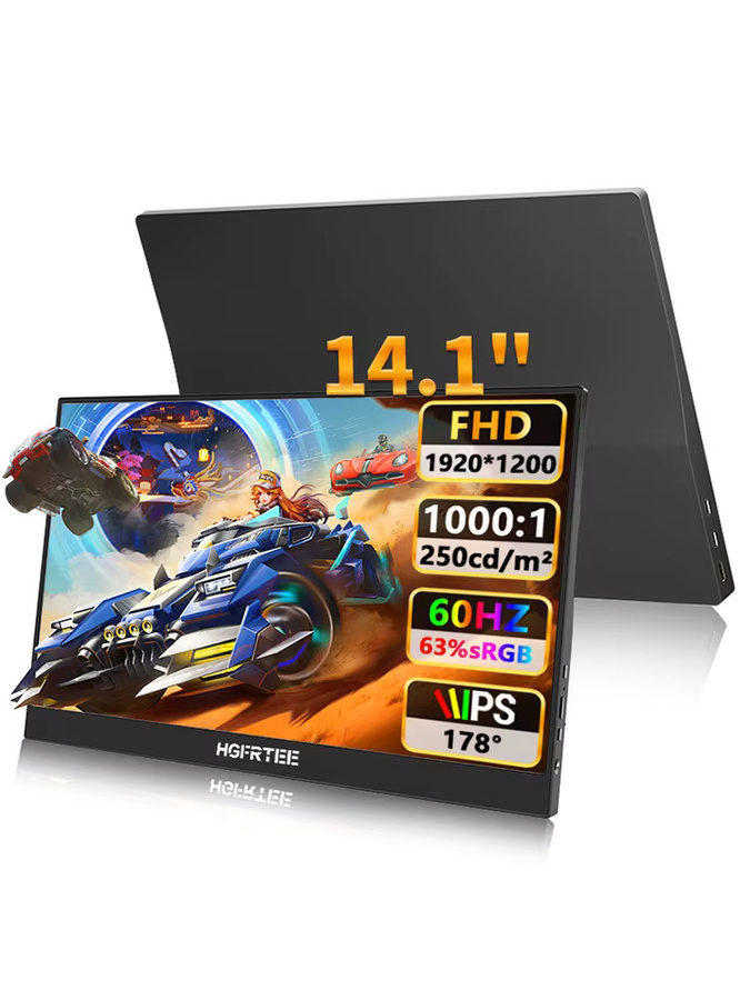 HGFRTEE Tragbarer Monitor 14,1 Zoll Full HD 1200P in Schwarz mit Dual-Lautsprecher, Dual Type-C und Mini HDMI für PC, Xbox, PlayStation und Nintendo Switch - Bild 6