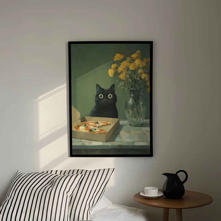 Wandkunst von SHENCHEN mit Katze und Pizza auf tiefgrünem Hintergrund und goldgelber Blume, rechteckiger Kunstdruck aus Papier in Grün und Gold - Bild 5