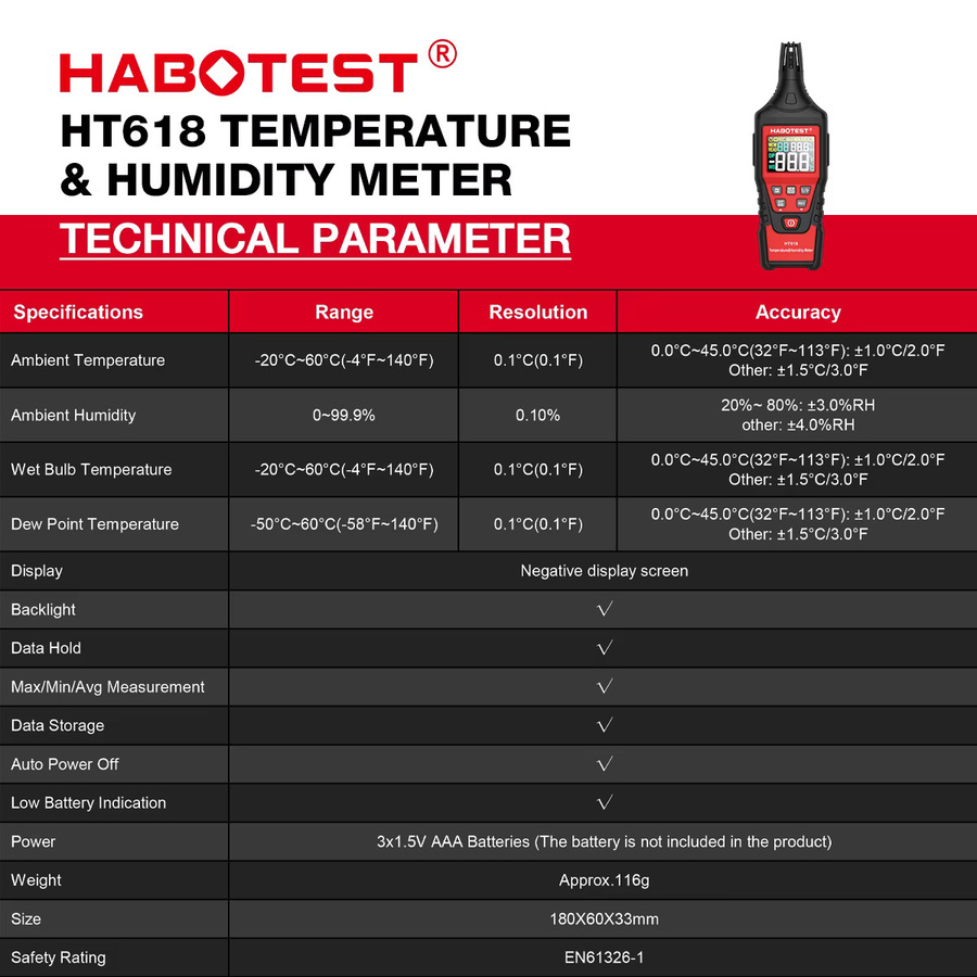 HABOTEST HT618 Digitales Psychrometer Thermometer Hygrometer mit Hintergrundbeleuchtung in Schwarz zur Messung von Temperatur, Feuchtigkeit und Taupunkt - Bild 2