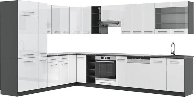 Vicco Fame-Line Eckküche in Weiß Hochglanz und Anthrazit, moderne Einbauküche mit Soft-Close-Türen, B/T/H: 347 x 257 cm - Bild 1