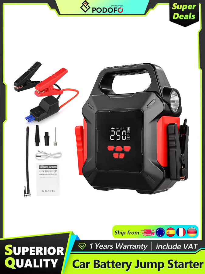 Podofo 5-in-1 Auto-Starthilfe Powerbank mit 16000mAh und tragbarem Luftkompressor zum Reifenfüller und Batterie-Notfall-Booster in Schwarz und Braun - Bild 6