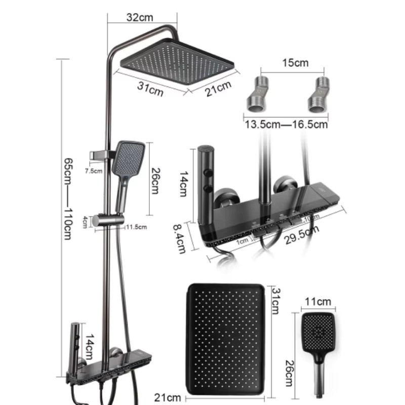 Graues Duschset mit digitaler Anzeige und vier Funktionen, intelligentes Duschsystem mit Regendruck und Klaviertasten-Duscharmatur zur Wandmontage, Höhe: 110 cm, Breite: 32 cm - Bild 4