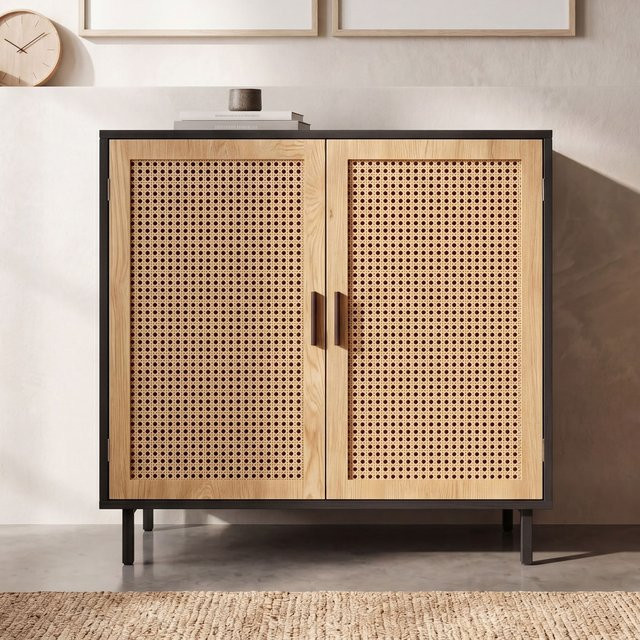 Finebuy Sideboard mit 2 Türen in Wiener Geflecht Design, Kommode Schwarz, Breite: 80 cm - Bild 1