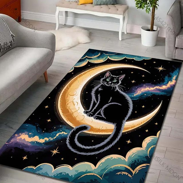 Rouxin thirteen Teppich mit Schwarzer Katze auf Sichelmond, Schwarz, B/T: 60 x 40 cm - Bild 1