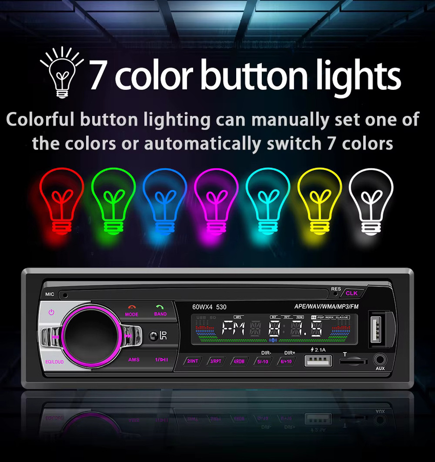 BQCC Universal Autoradio 1DIN MP3-Player mit Bluetooth, FM, AUX, USB und Telefonladefunktion in Schwarz mit 7 farbiger Beleuchtung für Volkswagen, BMW, KIA und FORD - Bild 2