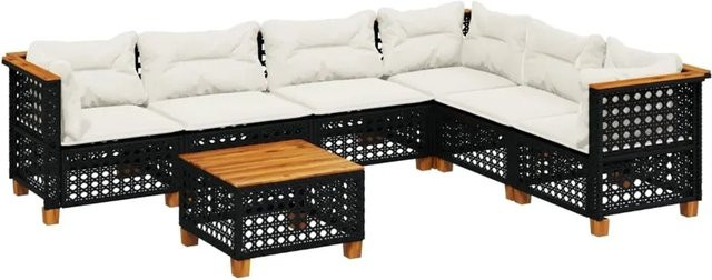 vidaXL 7-teilige Garten-Sofagarnitur aus Poly-Rattan und Akazienholz mit Kissen in Schwarz und Cremeweiß - Bild 1