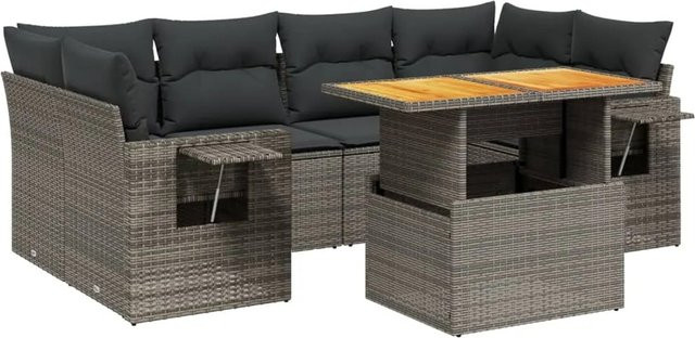vidaXL 7-teilige Garten-Sofagarnitur aus Poly-Rattan und Akazienholz in Grau mit Kissen - Bild 1