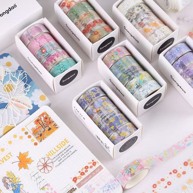 5er-Set kreative transparente PET Washi Tape Aufkleber mit Blumenmotiven und Schriften in Rot und Multicolour für DIY Dekorationen und Geschenkboxen - Bild 1