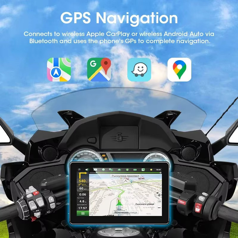 Srnubi 7 Zoll Motorrad DVR mit drahtlosem CarPlay und Android Auto, GPS Navigation und AI Sprachsteuerung, IP67 wasserdicht, Schwarz - Bild 5
