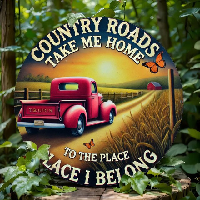 Heritage Design Rundes Metallschild Vintage Red Truck Country Road Durchmesser: 20 cm - Bild 1