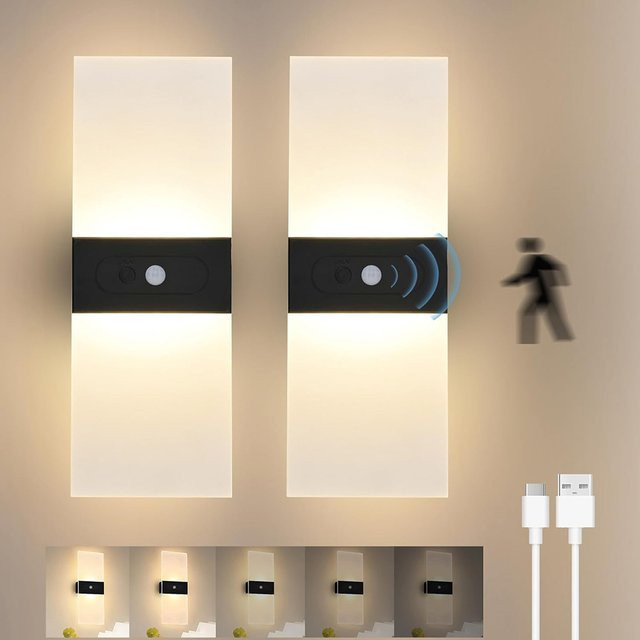 UMEXUS 2er Set moderne Innen-Wandleuchten mit Bewegungssensor, USB-aufladbare kabellose Wandlampe, stufenlos dimmbar, Schwarz und Weiß - Bild 1