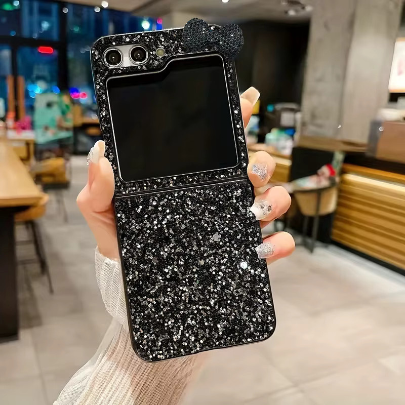 Schwarze Sternenhimmel Leder-Handyhülle mit Glitzer und 3D-Schleifenknoten für Samsung Galaxy Z Flip 8 7 6 5 4 3 und Flip7FE, stoßfeste Flash-Hülle - Bild 3