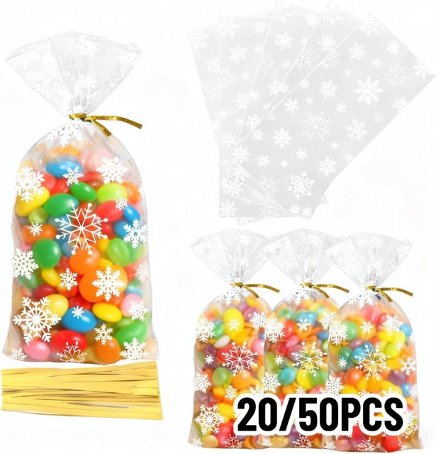 Transparente Schneeflocken Süßigkeiten Taschen aus Kunststoff für Snacks, Cookies und Geschenke zu Weihnachten oder Halloween - Bild 1