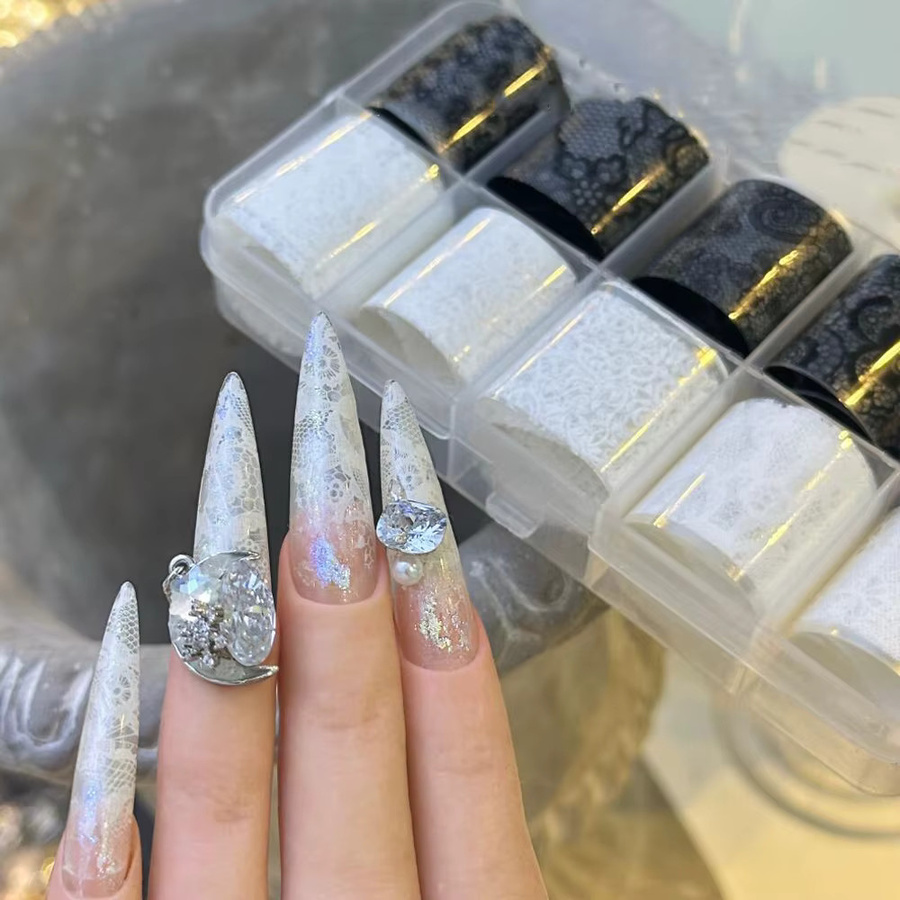 MingLee Nagelfolien Spitze, 10 Rollen, Schwarz Weiß, Nail Art Transferpapier - Bild 4