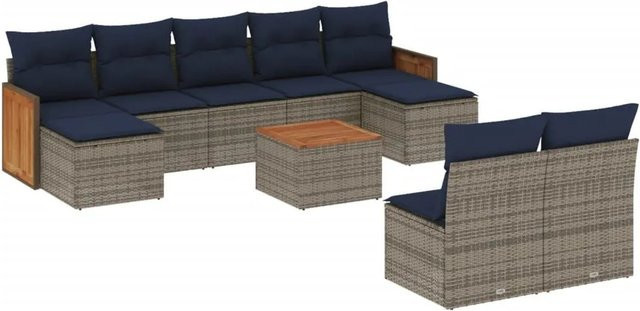 vidaXL 10-tlg. Gartensofa-Set aus Polyrattan in Grau mit Kissen, 3-Sitzer-Sofa, Ottoman und Couchtisch für Terrasse und Garten - Bild 1